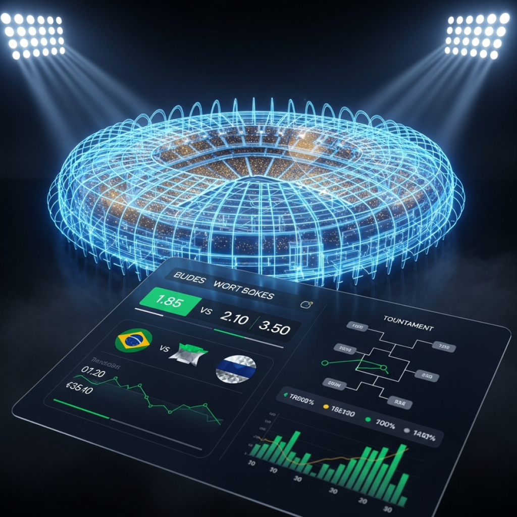 BLOG A futuristic 3D rendering of a sports betting interface for the 2026 FIFA World Cup, set against a glowing holographic football stadium, symbolizing modern online betting.