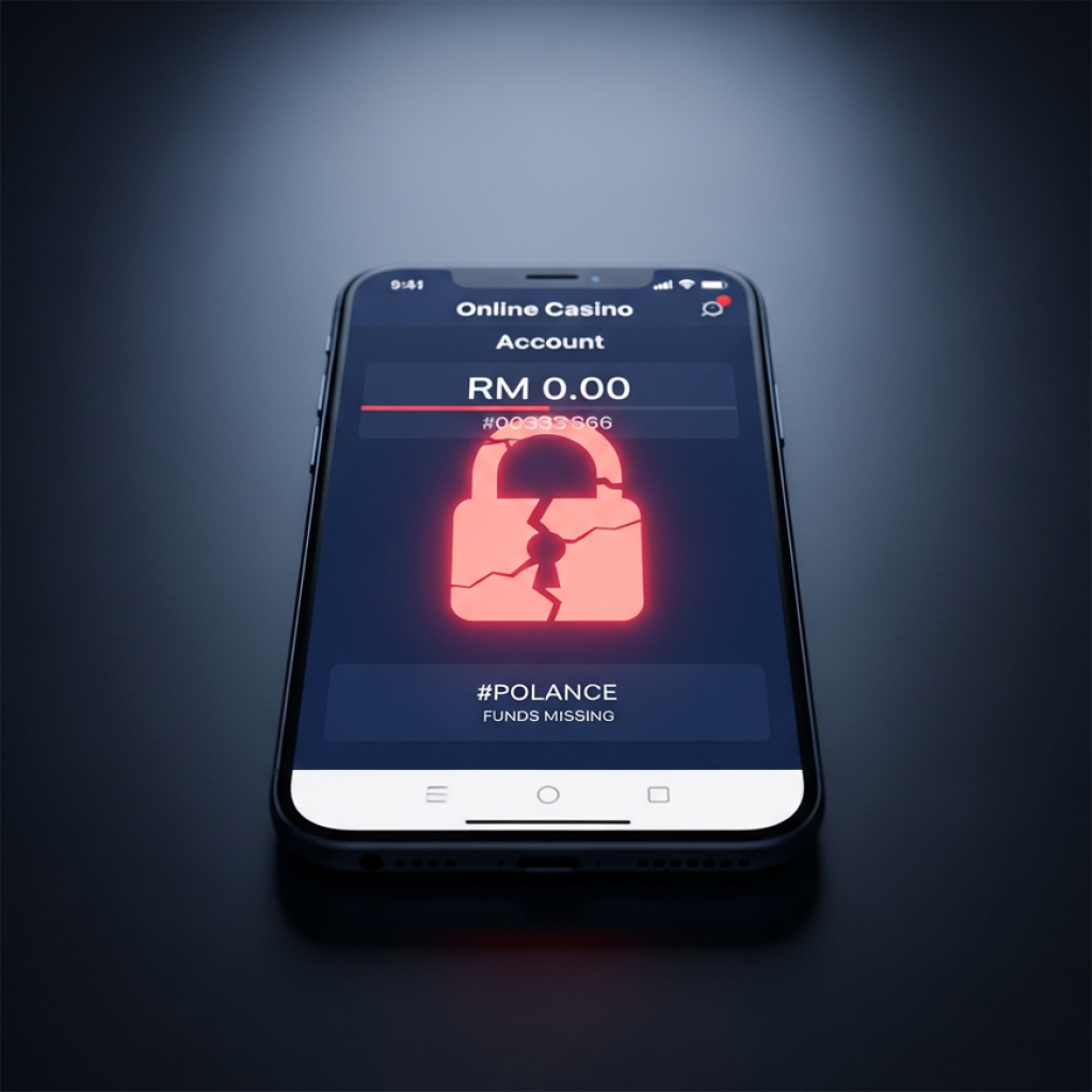 BLOG Smartphone screen showing empty casino balance with a broken red padlock, symbolizing stolen winnings and security breach.
