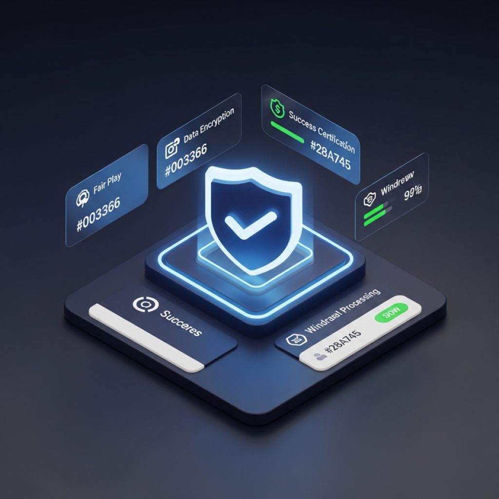 BLOG A 3D digital dashboard showcasing online casino security features, including a central shield icon and trust metrics.