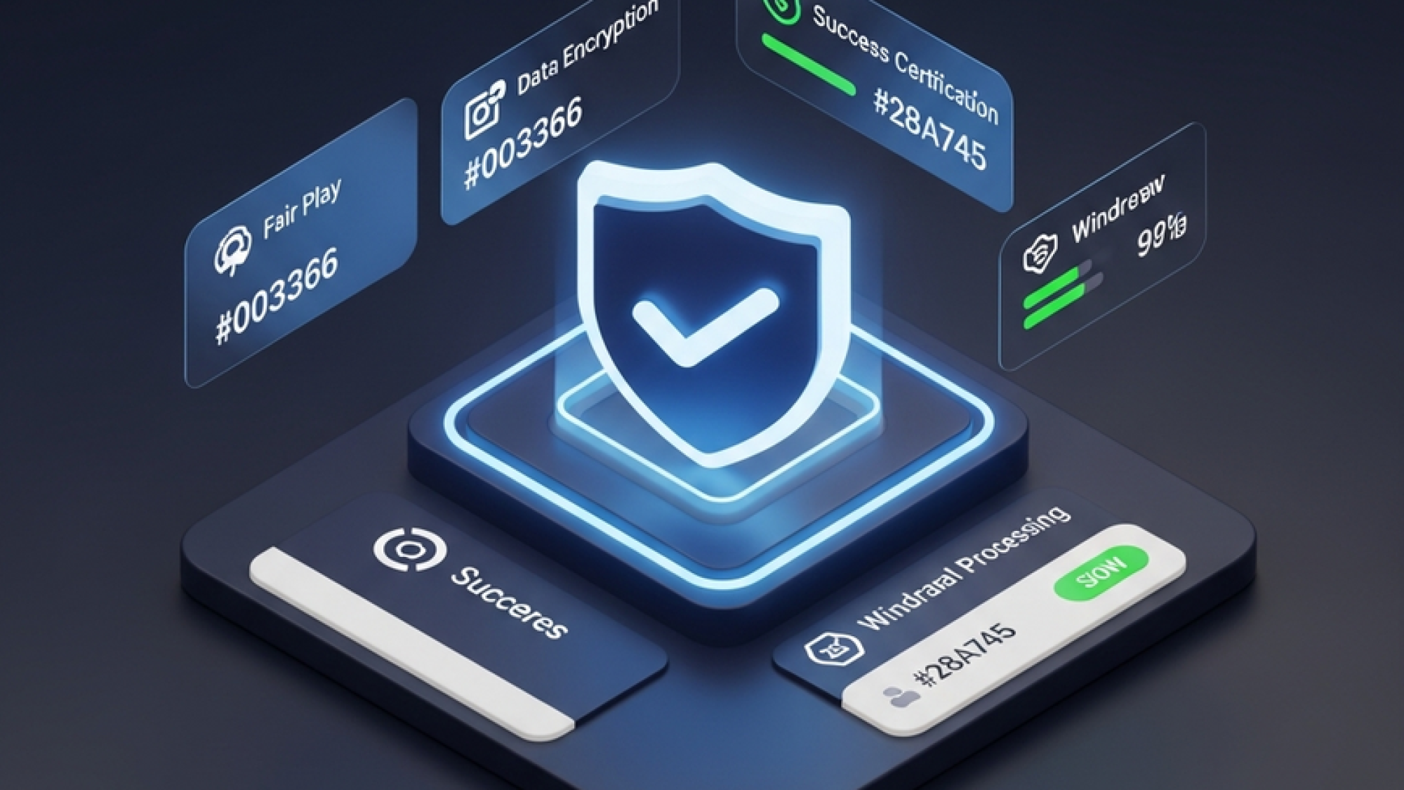 A 3D digital dashboard showcasing online casino security features, including a central shield icon and trust metrics.