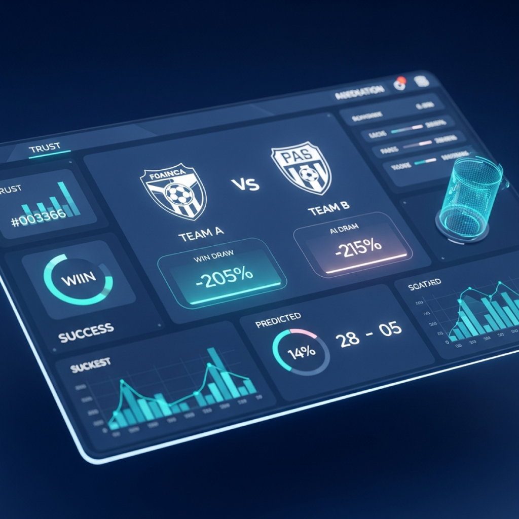 BLOG A futuristic sports prediction AI interface displaying football match probabilities and data analysis charts on a clean dashboard.