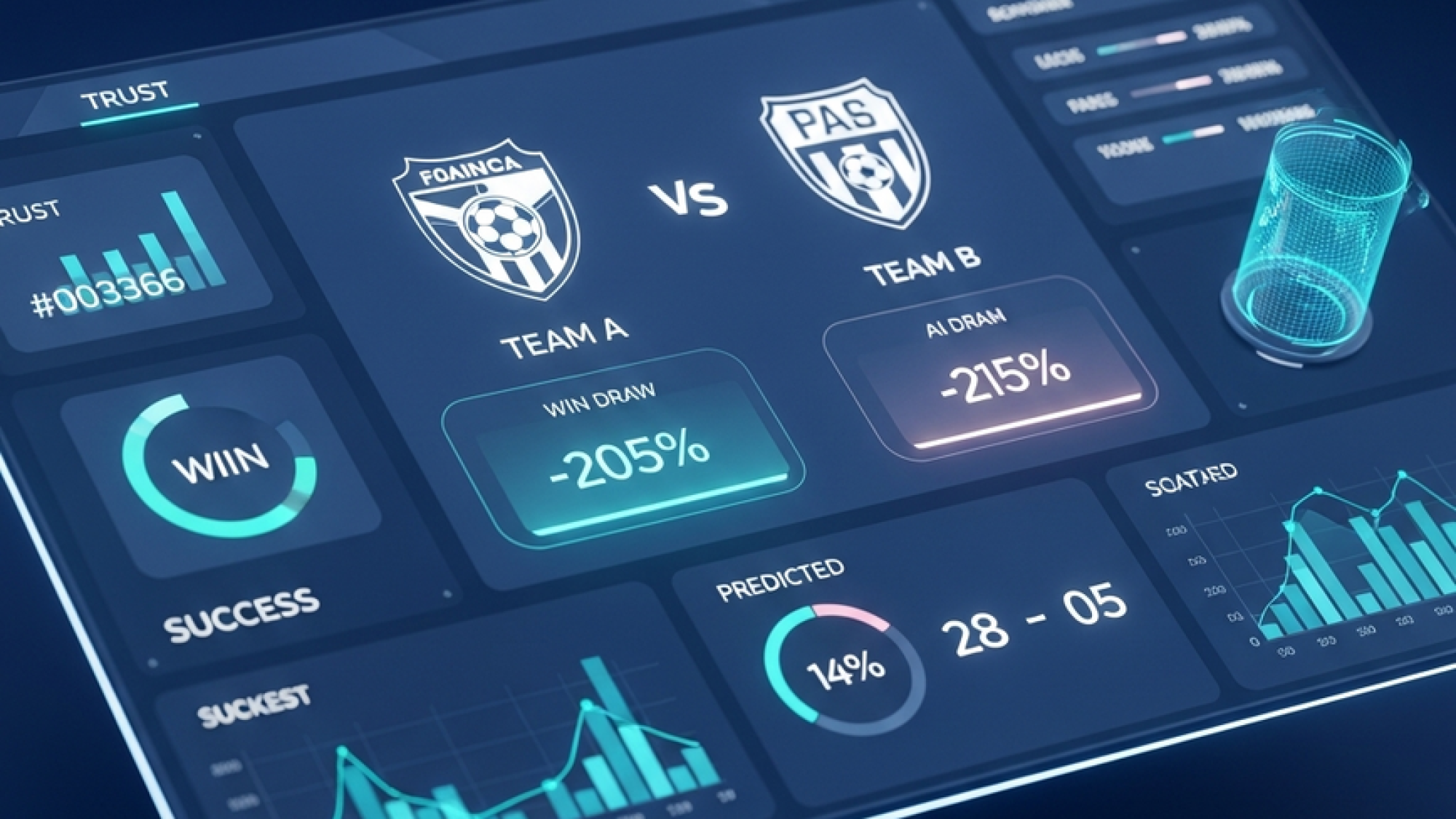 A futuristic sports prediction AI interface displaying football match probabilities and data analysis charts on a clean dashboard.