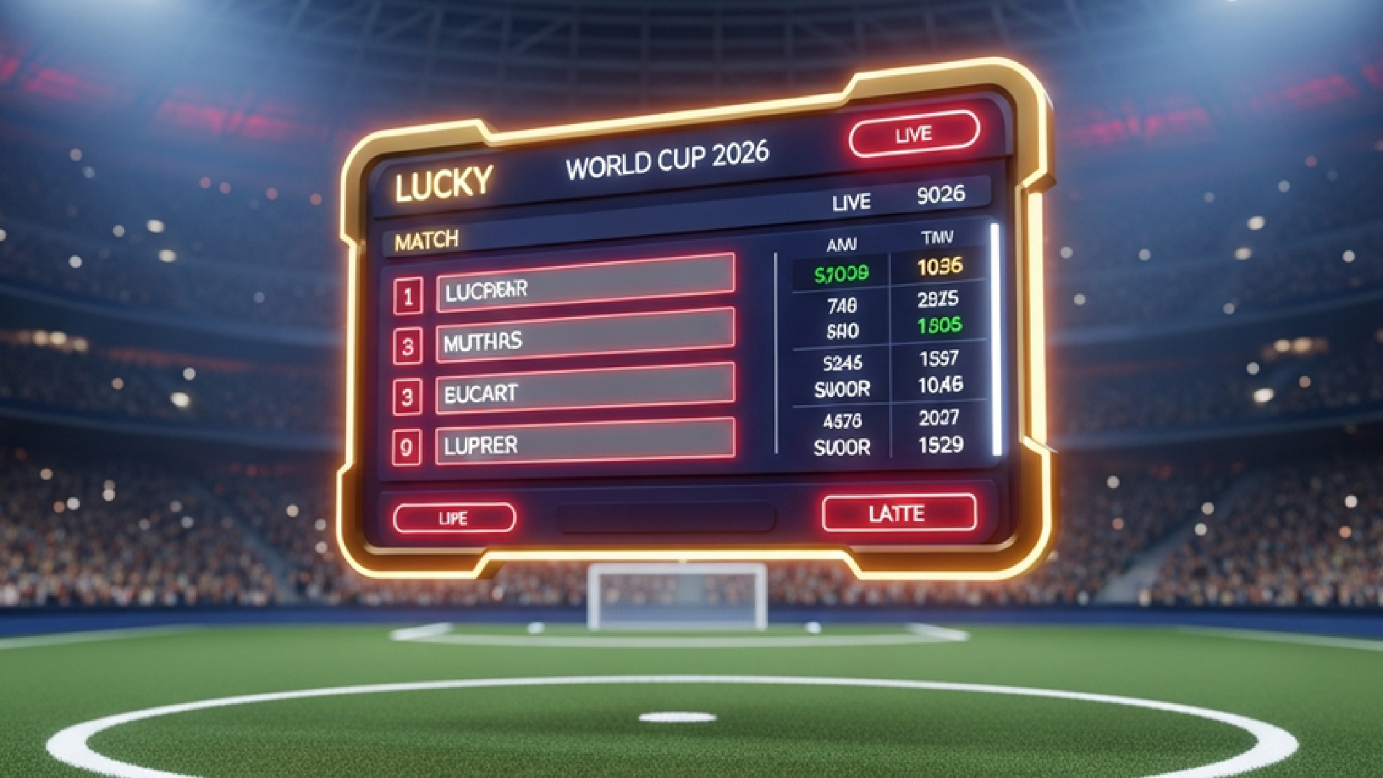 A futuristic sports betting interface for the 2026 World Cup glowing above a football stadium pitch at night.