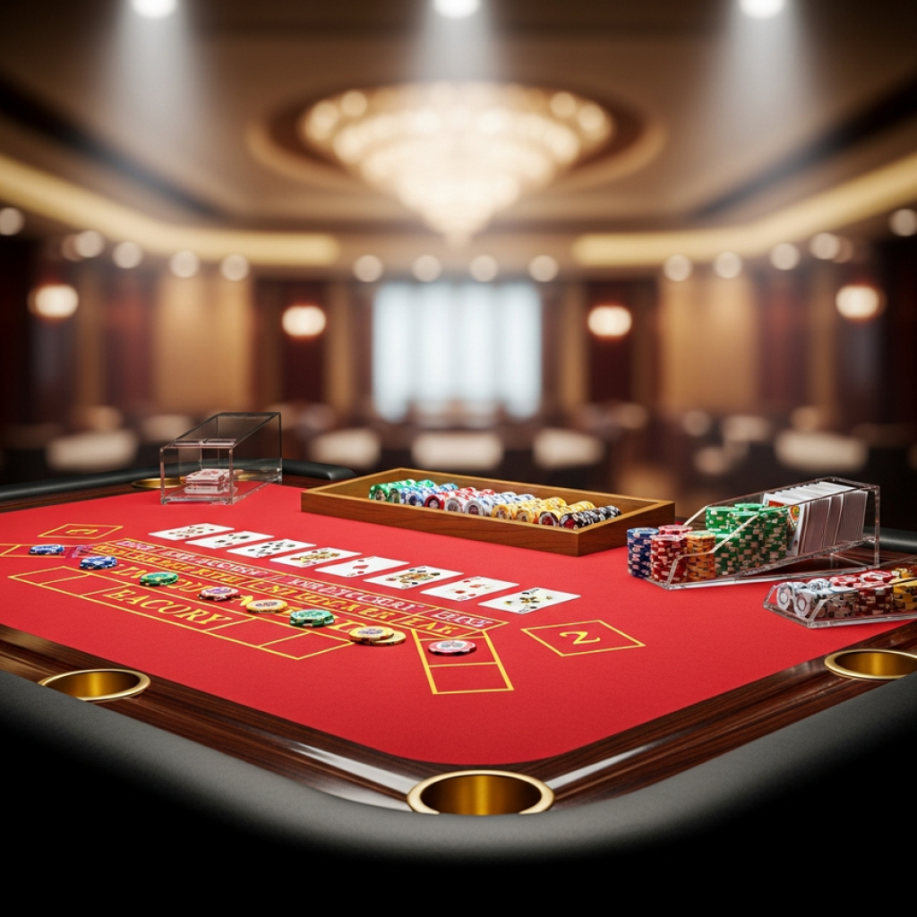 BLOG An empty, professional live dealer Baccarat table with red felt and gold accents in a luxury Malaysian casino studio.