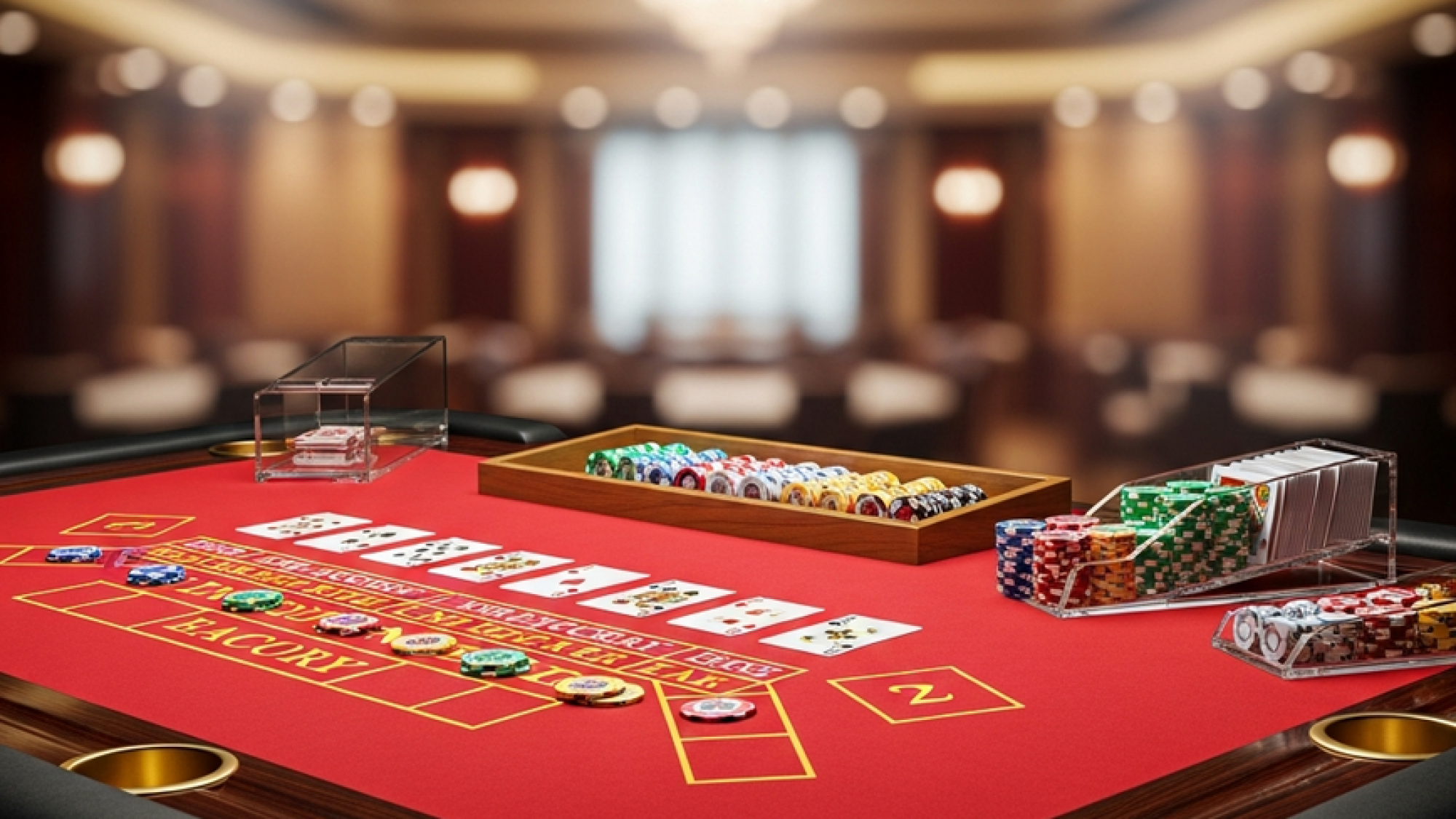 An empty, professional live dealer Baccarat table with red felt and gold accents in a luxury Malaysian casino studio.