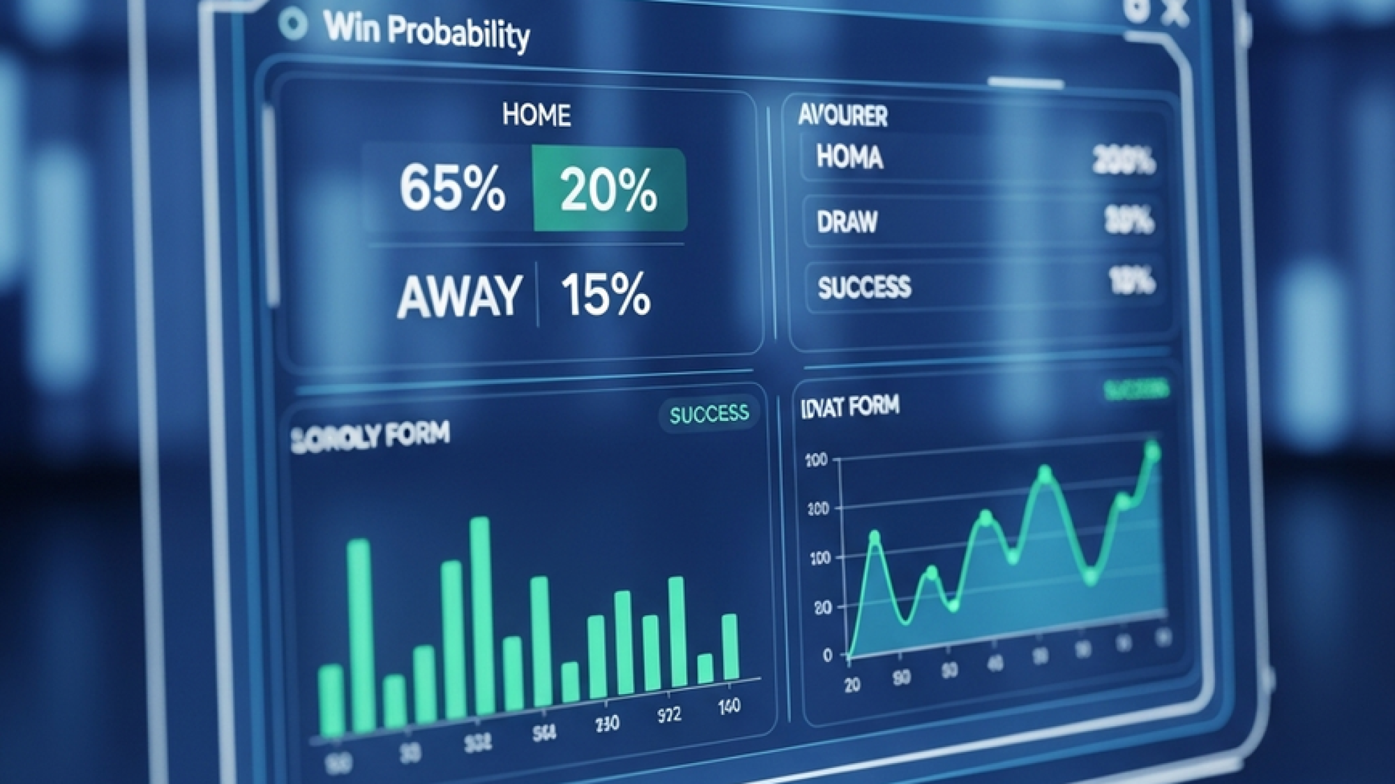 A futuristic dashboard interface showing AI-powered football match predictions with data charts and win probabilities.