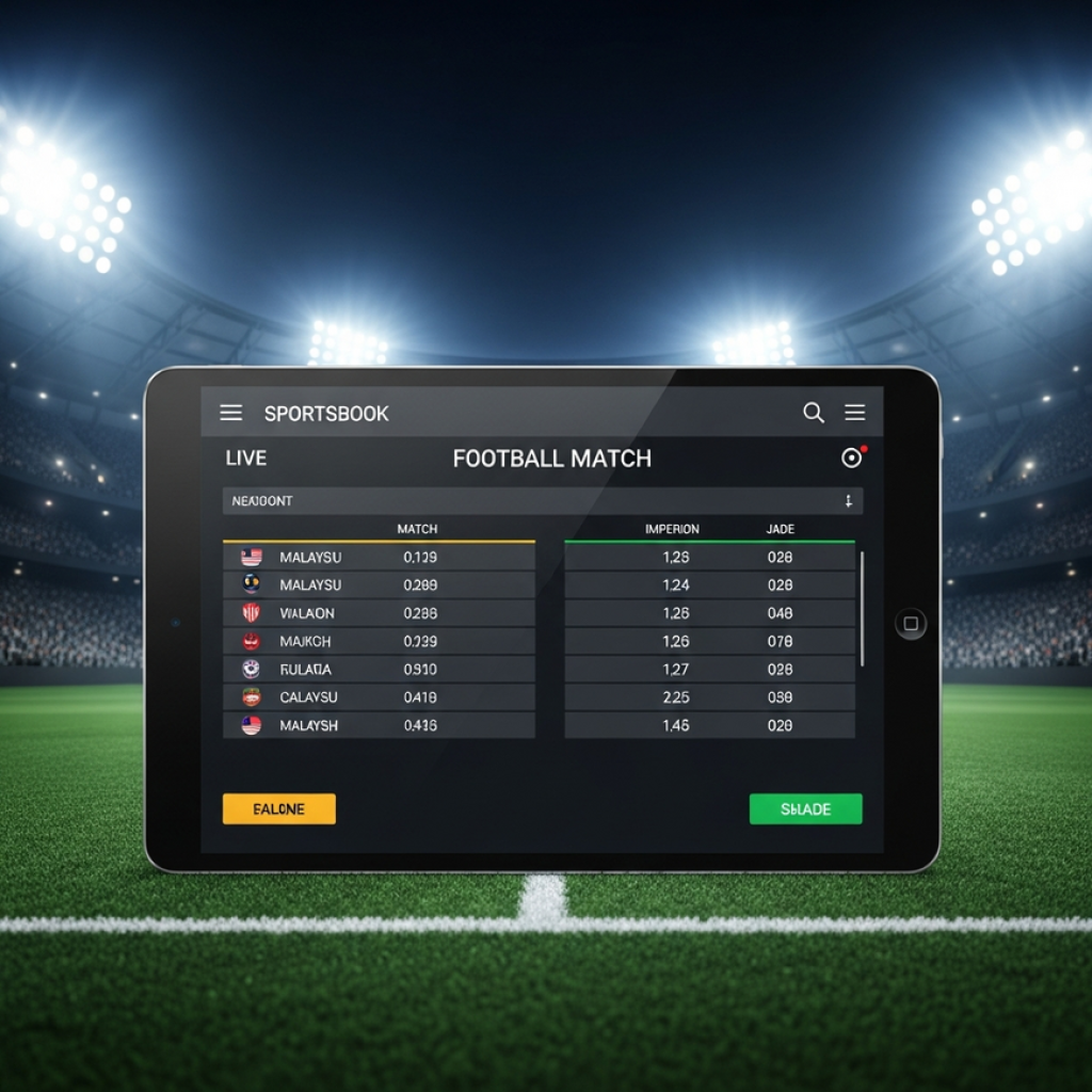 BLOG A modern sportsbook interface for football betting in Malaysia, displayed on a tablet with a stadium background.
