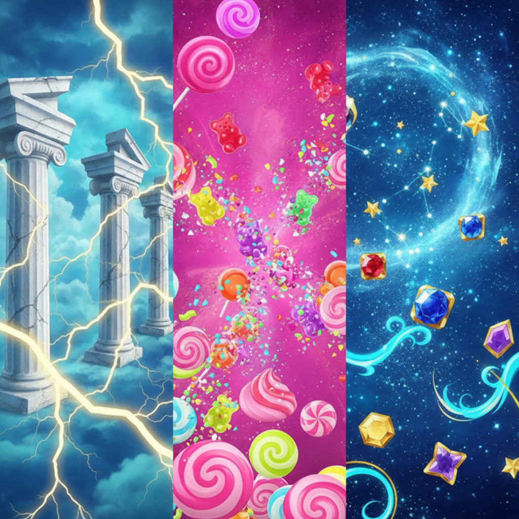 部落格 A vibrant showcase of three popular online slot themes: Greek mythology, candy, and magical anime princess.