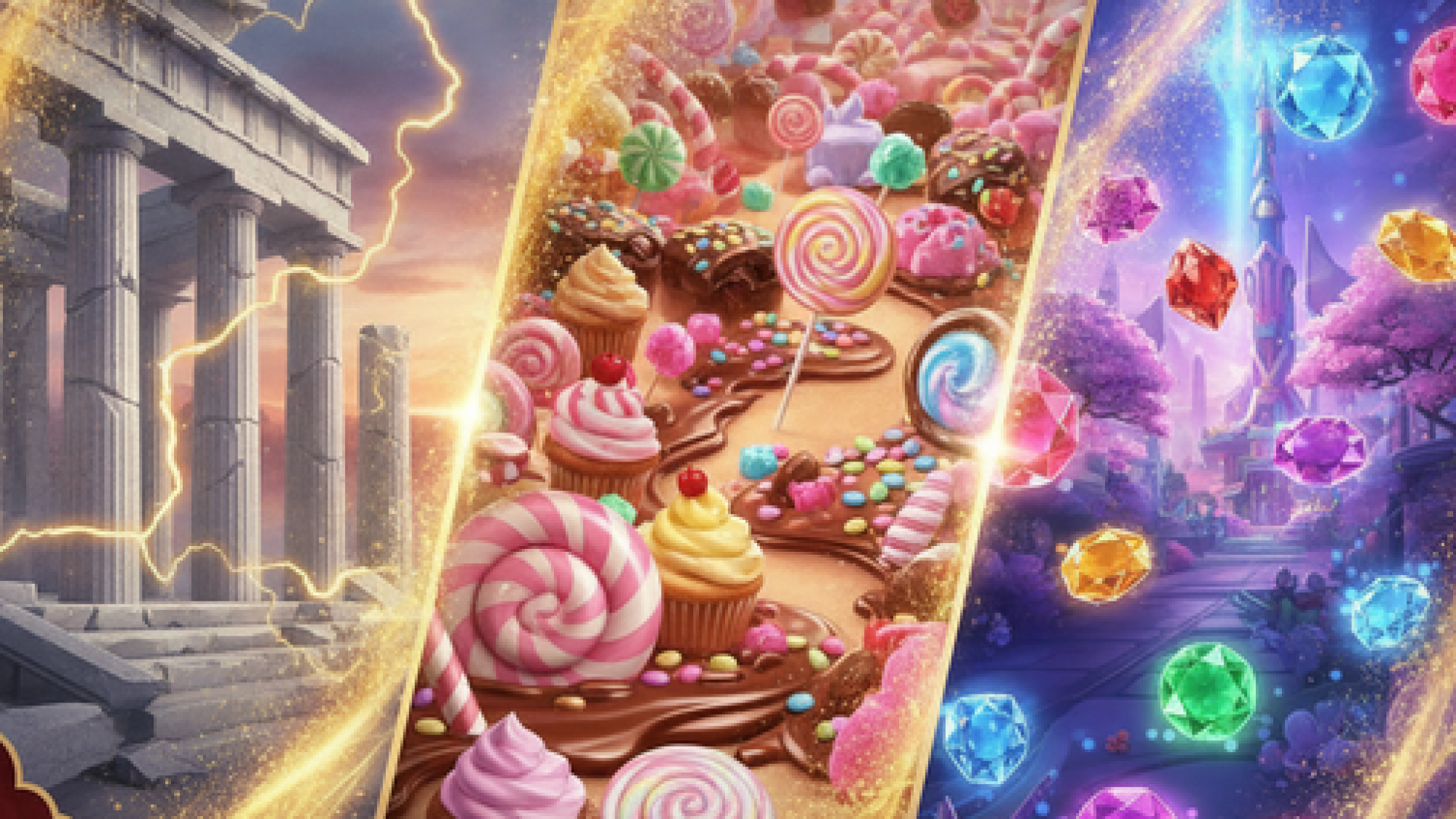 A vibrant showcase of popular online slot games in Malaysia, featuring themes of mythology, candy, and magic.